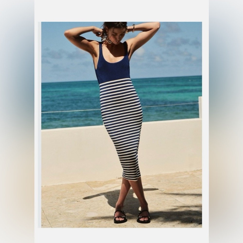 J. Crew Cyan sweater-dress in striped blue midi bodycon coastal nautical sz XXL